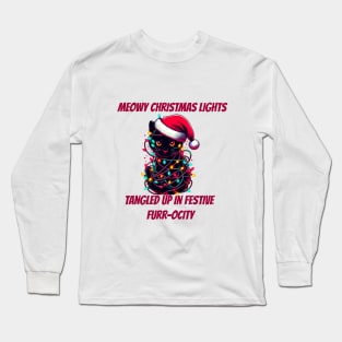 Santa Black Cat Tangled Up In Christmas Tree Lights Holiday Long Sleeve T-Shirt